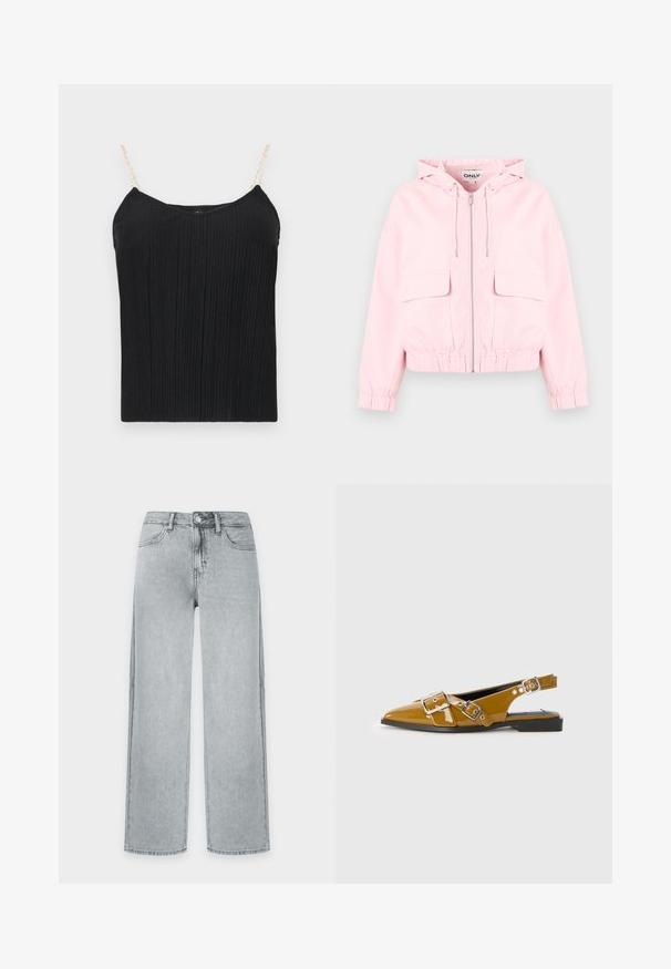 Chaqueta con capucha de color rosa claro, cremallera frontal, dos grandes bolsillos con solapa y puños y dobladillo elásticos, con etiqueta de la marca visible en el interior del cuello.; Top de camiseta sin mangas negro con textura acanalada y tirantes delgados, similares a cadenas. La tela tiene un acabado ligeramente texturizado, ofreciendo una silueta ajustada.; Vaqueros de corte recto en lavado claro, con cinco bolsillos, cierre de botón y trabillas para cinturón, mostrados sobre un fondo blanco liso.; Zapatos slingback de punta afilada en charol amarillo mostaza brillante, con dos adornos de hebilla plateados, suela plana negra y diseño de talón abierto.