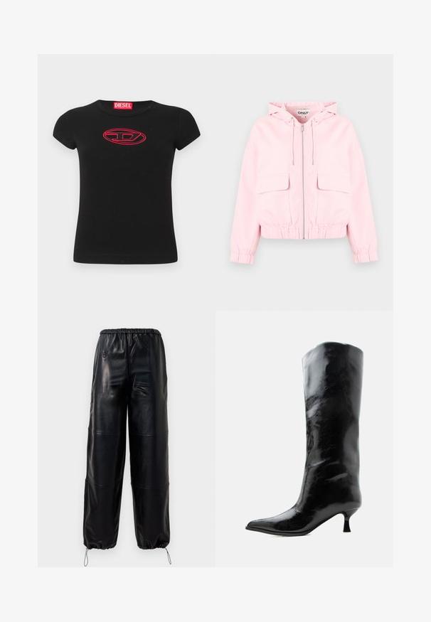 Hellrosa Kapuzenjacke mit Reißverschluss vorne, zwei großen Klappentaschen sowie elastischen Bündchen und Saum, Markenschild innen am Kragen sichtbar.; Schwarzes Baumwoll-T-Shirt mit kurzen Ärmeln, das ein rotes gesticktes Diesel-Logo in ovalem Design in der Mitte aufweist.; Schwarze Kunstleder-Hose mit weitem Bein, elastischem Bund und verstellbaren Kordeln an den Knöcheln, mit dezenten gesteppten Details.; Schwarzer glänzender kniehoher Lederstiefel mit spitzer Spitze und niedrigem, gebogenem Absatz auf einfachem hellem Hintergrund.