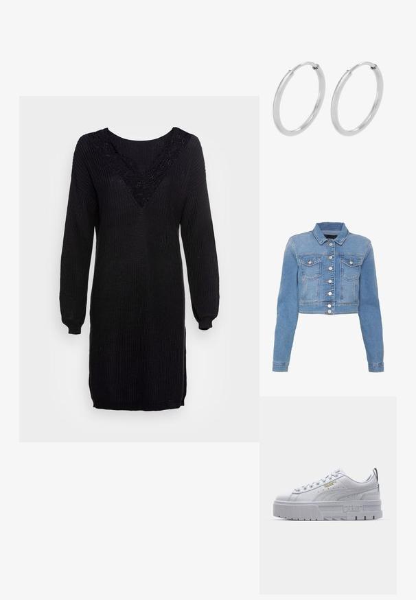 Lyseblå cropped denimjakke med knaplukning foran, to brystlommer og krave. Har en let falmet tekstur og kontrastsytråde.; Sort striktrøje kjole med lange ærmer, V-hals og blonderdetaljer ved udskæringen. Ribbet tekstur med sideslids ved kanten.; Hvide platform sneakers med en glat læderoverdel, polstret krave, grå gummisål og gyldne detaljer med Puma-logoet.; Sølv hoops øreringe, cirkulær form, glat skinnende tekstur og ensartet bredde hele vejen igennem. Minimalistisk design uden yderligere accenter.
