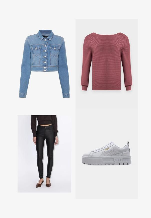 Lyseblå cropped denimjakke med knaplukning foran, to brystlommer og krave. Har en let falmet tekstur og kontrastsytråde.; Ribbede striktrøje i afdæmpet rosafarve med lange ærmer, båd-formet halsudskæring og tætsiddende manchetter på en ensfarvet lys baggrund.; Kvinde iført sorte høj-taljede skinny bukser, en kropsnær mørkebrun knapbluse og brune spidse hæle.; Hvide platform sneakers med en glat læderoverdel, polstret krave, grå gummisål og gyldne detaljer med Puma-logoet.