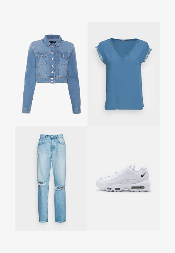 Helleblaue, verkürzte Jeansjacke mit durchgehender Knopfleiste, zwei Brusttaschen und Kragen. Besitzt eine leicht ausgebleichte Textur und kontrastierende Nähte.; ONLY ONLJASMINA V NECK - Bluse - moonlight blue; ONLY ONLROBYN DESTROY - Jeans Relaxed Fit - light blue dnm; Nike Sportswear AIR MAX 95 - Sneaker low - white/black