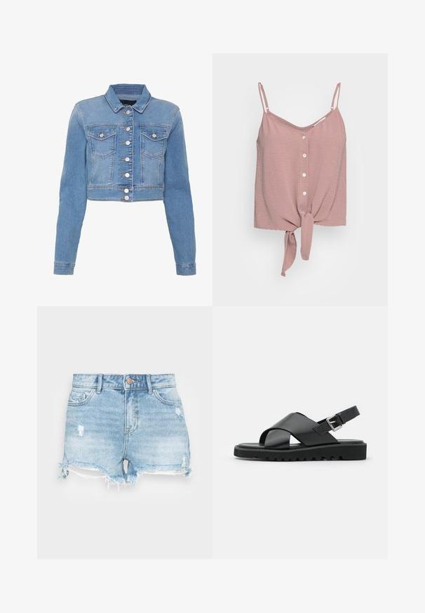 Lichtblauwe cropped denimjas met een knoopsluiting aan de voorkant, twee borstzakken en een kraag. Heeft een licht vervaagde textuur en contrasterende stiksels.; Stofzuiger rozenkleurige mouwloze top met een V-hals, knoopsluiting aan de voorkant en een geknoopte onderkant. Gemaakt van textuurstof met verstelbare spaghettibandjes.; Leren denim shorts in lichtblauw met een versleten afwerking, rafelige zoom en klassieke vijf-pocketontwerp. Voorzien van een metalen knoopsluiting.; Zwarte leren sandalen met een kruisbandontwerp, verstelbare gesp en een gestructureerde zool met ribbels voor grip.