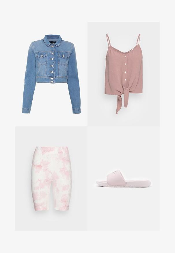 Helleblaue, verkürzte Jeansjacke mit durchgehender Knopfleiste, zwei Brusttaschen und Kragen. Besitzt eine leicht ausgebleichte Textur und kontrastierende Nähte.; Staubrosa ärmellose Bluse mit V-Ausschnitt, Knopfleiste und geknotetem Saum. Hergestellt aus strukturiertem Stoff mit verstellbaren Spaghettiträgern.; FUBU CORPORATE TIEDYE CYCLING - Shorts - pink; Rosa Rutschelsandale mit einer flexiblen Gummisohle, gepolstertem Riemen und minimalistischer Gestaltung. Mit einem Logo auf dem Riemen und glatter Textur.