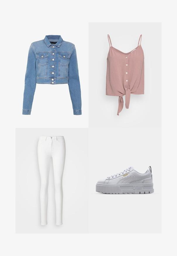 Lichtblauwe cropped denimjas met een knoopsluiting aan de voorkant, twee borstzakken en een kraag. Heeft een licht vervaagde textuur en contrasterende stiksels.; Stofzuiger rozenkleurige mouwloze top met een V-hals, knoopsluiting aan de voorkant en een geknoopte onderkant. Gemaakt van textuurstof met verstelbare spaghettibandjes.; Witte skinny jeans gemaakt van rekbare katoenmix, met voorzakken, een ritssluiting en een enkele knoopsluiting.; Witte platform sneakers met een leren bovenwerk, gevoerde kraag, grijze rubberen zool en gouden accenten met het Puma-logo.
