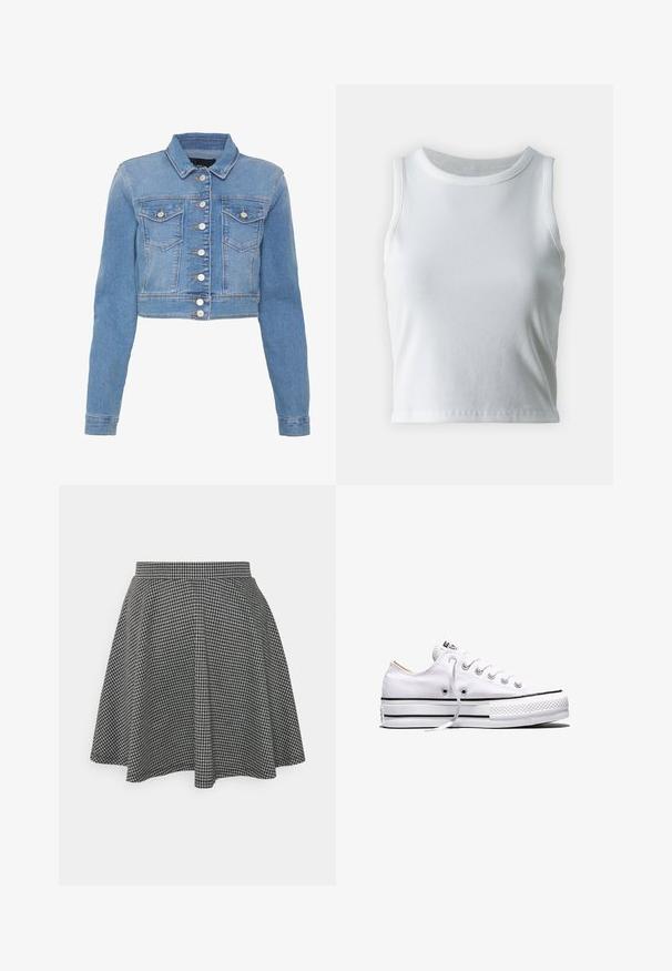 Lichtblauwe cropped denimjas met een knoopsluiting aan de voorkant, twee borstzakken en een kraag. Heeft een licht vervaagde textuur en contrasterende stiksels.; Witte geribde tanktop met een ronde halslijn en mouwloos ontwerp, voorzien van een rechte zoom en een gladde, rekbare textuur.; Zwart-witte geblokte skaterrok met een strakke tailleband en een uitlopende zoom, gemaakt van textuurstof die een klassiek patroon toont.; Witte lage canvas sneaker met witte veters, zwarte strepen op de zool en een rubberen, getextureerde neuskap, zijaanzicht op een witte achtergrond.