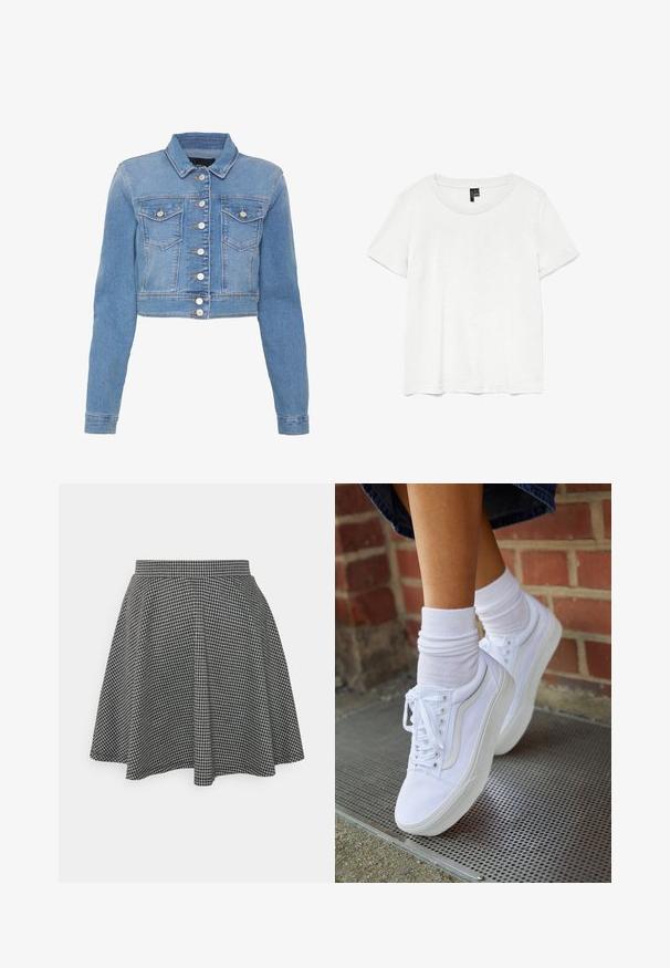 Lichtblauwe cropped denimjas met een knoopsluiting aan de voorkant, twee borstzakken en een kraag. Heeft een licht vervaagde textuur en contrasterende stiksels.; Witte t-shirt met korte mouwen en een ronde hals, gemaakt van lichte stof. Eenvoudig ontwerp, gladde textuur en rechte zoom.; Zwart-witte geblokte skaterrok met een strakke tailleband en een uitlopende zoom, gemaakt van textuurstof die een klassiek patroon toont.; Witte canvas sneakers met rubberen zolen, voorzien van zes vetertjes, een ronde neus en lichte stikdetails, gecombineerd met witte enkelsokken.