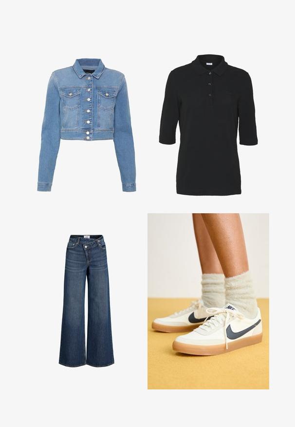 Lyseblå cropped denimjakke med knaplukning foran, to brystlommer og krave. Har en let falmet tekstur og kontrastsytråde.; Sort polo-shirt med krave, trekvartærmer og sorte knapper. Har et lille broderet logo på brystet. Materialet er bomuld.; Blå denimjeans med vide ben, høj talje, knaplukning foran, bæltestropper og synlige lommesyninger.; Hvide Nike sneakers med navy swoosh, tekstureret stof, hvide snørebånd og gummisål, parret med fluffy lysegrønne sokker. Gul baggrund.