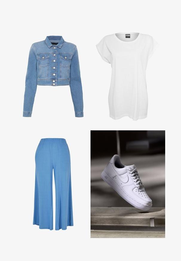 Heledad sinine lühike denim jakk nupuga esiosas, kahe rindkere taskuga ja kraega. Omab kergelt kulunud tekstuuri ja kontrastset õmblust.; Valge lühikeste varrukatega T-särk, mis on valmistatud puuvillast. Särk on vabalt liikuv, lai krae ning minimaalne disain ilma mustrite või aksessuarideta.; Heledad helesin sinised laiad püksid, mis on valmistatud pehmest kangast, elastse vöökoha ja lõdva lõikega, mis ulatub keskmiste sääreni.; Valge Nike Air Force 1 toss, mis hõljub betoonpinna kohal, varjud minimalistlikus keskkonnas.