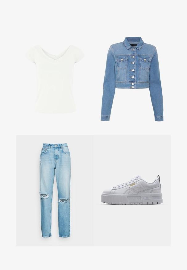 Heledad sinine lühike denim jakk nupuga esiosas, kahe rindkere taskuga ja kraega. Omab kergelt kulunud tekstuuri ja kontrastset õmblust.; Valge lühikeste varrukatega ülemus, millel on risti V-kaeluse disain, valmistatud siledast kangast. Omab pinguldatud siluetti ja puhtaid ääri.; ONLY ONLROBYN DESTROY - Avar lõikega teksad - light blue dnm; Valged platvormiks sneaksid, millel on sile nahk ülemine osa, pehmendatud krae, hall kummist tald ja kuldsed aktsendid, millel on Puma logo.