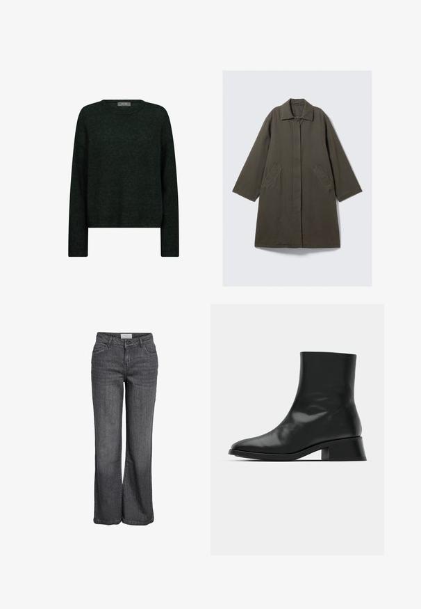 Olivengrøn midlang frakke lavet af bomuld. Har en knaplukning, store sidelommer og en klassisk krave. Enkel, lige snit.; Mørkegrøn sweater med rund halsudskæring, lange ærmer og en afslappet pasform. Fremstillet af tekstureret stof med subtile tonale mønstre.; Bredde ben jeans i mørkegrå denim. Har høj talje, traditionelt fem-lomme design og en ren kanten uden udsmykning.; Sort ankelstøvle lavet af blank læder, med et strømlinet design, spids tå og en moderat blokhælhøjde for stabilitet.