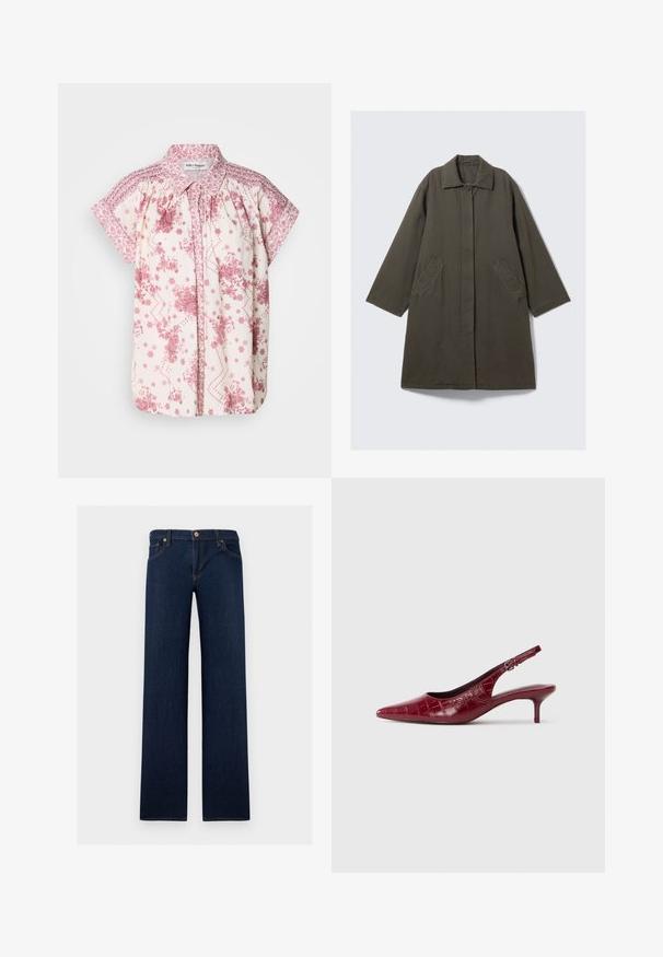 Olivengrøn midlang frakke lavet af bomuld. Har en knaplukning, store sidelommer og en klassisk krave. Enkel, lige snit.; Kortærmet bluse i let cremefarvet stof med pink blomster mønstre og dekorativ smocking ved skuldrene og kraven.; Mørkeblå straight-leg denim jeans med fem lommer og knaplukning i taljen.; Bordeaux læder slingback pumpe med krokodillestruktur, spidse tæer, justerbar spænde rem og lav kitten hæl på en hvid baggrund.