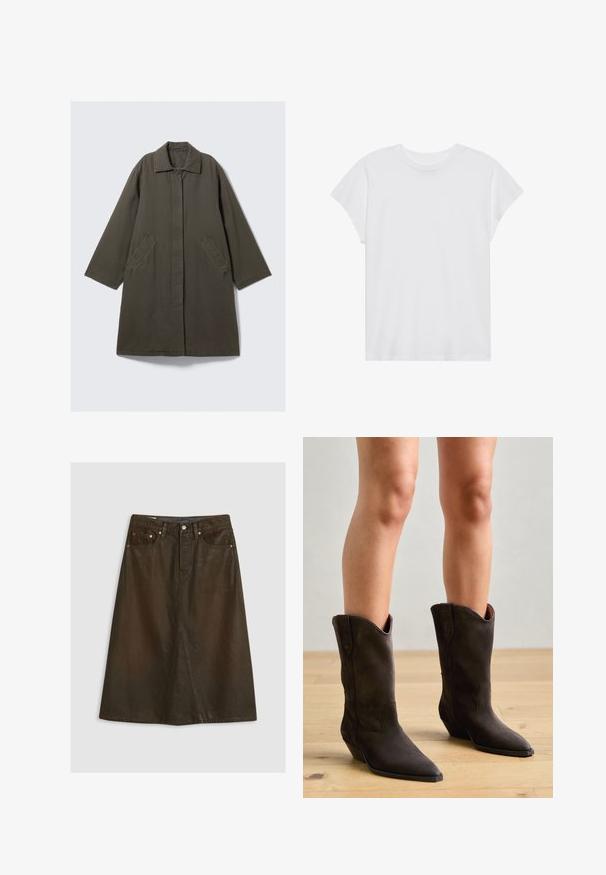 Olivengrøn midlang frakke lavet af bomuld. Har en knaplukning, store sidelommer og en klassisk krave. Enkel, lige snit.; Hvid kortærmet t-shirt med rund hals, afslappet pasform, lavet af blødt bomuldsstof. Glat tekstur, ingen mønstre eller logoer.; Brun denim A-formet nederdel med høj talje, frontslids, kobbernitter og tonede syninger. Glat tekstur, knælængde design.; Pavement NIKKI - Cowboy- / bikerstøvler - brown