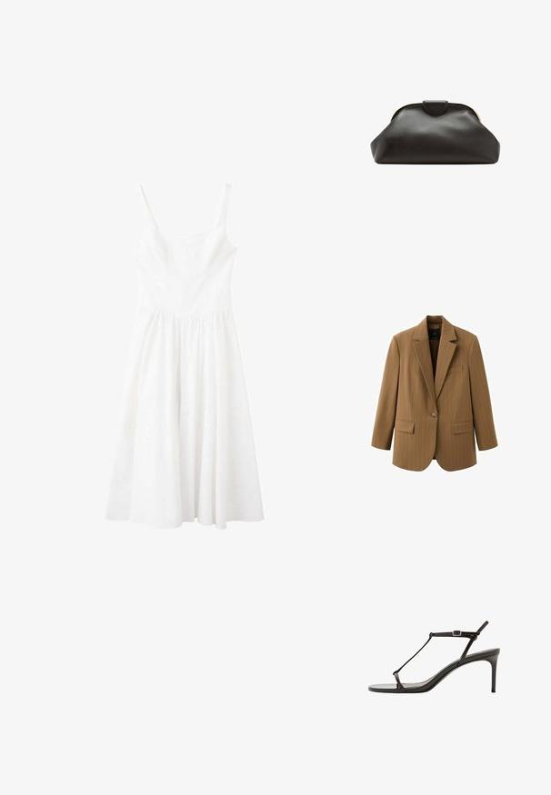 Blazer marron à bouton unique avec fines rayures, revers crantés, deux poches avant à rabat et une poche poitrine passepoilée.; Robe blanche sans manches avec un décolleté carré et une taille froncée, dotée d'une jupe fluide mi-longue.; Sandale à talon pour femme en cuir noir brillant, avec une fine lanière en T et une boucle de cheville ajustable, talon moyen mince.; Pochette en cuir noir souple avec un cadre arrondi et une petite fermeture à languette en haut au centre.