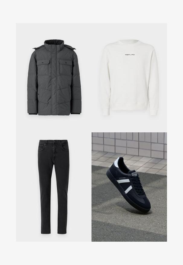 Dunkelgraue, gepolsterte Jacke mit hohem Kragen, zwei Brusttaschen und zwei Seitentaschen. Verfügt über einen Reißverschluss und einen Druckknopfverschluss. Glatte Textur.; Weißes Sweatshirt aus Baumwolle mit Rundhalsausschnitt, gerippten Bündchen und kleinem schwarzen "REPLAY"-Logo auf der Brust. Weiche Textur und entspannter Schnitt.; Schwarze Denim-Jeans mit schmaler Passform, klassischem Fünf-Taschen-Design und minimalen Nähten. Glatte Textur, normaler Bund.; Schwarze Leder-Sneaker mit weißen Streifen, strukturiertem Gummisohle und Schnürung. Verfügt über ein Markenetikett auf der Zunge.