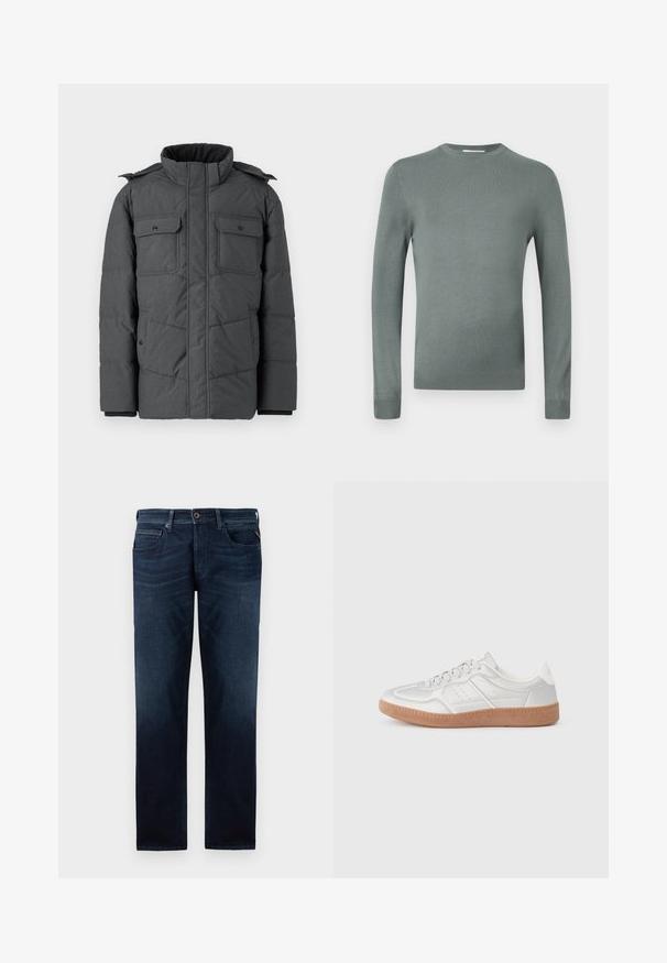 Mørkegrå polstret jakke med høj krave, to brystlommer og to sidelommer. Har lynlås og trykknaplukning. Glat tekstur.; Lysegrøn langærmet sweater lavet af blødt strikstof. Har en rund halsudskæring og tætsiddende ærmer med ribbede manchetter. Enkelt design.; Mørkeblå denimjeans med lige ben-design, fem-lomme stil og en synlig knaplukning i livet. Glat tekstur.; Sølv sneakers med en glat overflade, snørebånd, perforerede detaljer og en struktureret brun gummi sål.