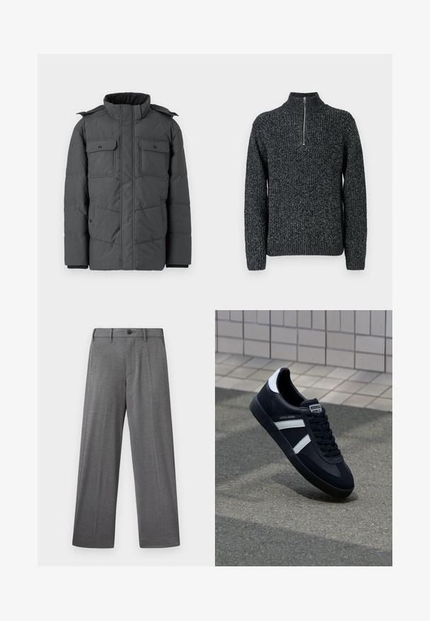 Veste rembourrée gris foncé avec un col montant, deux poches poitrine et deux poches latérales. Dispose d'une fermeture éclair et de boutons-pression. Texture lisse.; Pull en tricot gris foncé avec un col haut et une fermeture éclair quart. Présente un fil texturé avec une apparence légèrement chinée.; Pantalon gris à jambes larges en tissu texturé, avec une fermeture à bouton, des poches latérales et des plis nets le long des jambes.; Sneaker en cuir noir avec des rayures blanches, semelle en caoutchouc texturée et devant à lacets. Présente une étiquette de marque sur la languette.