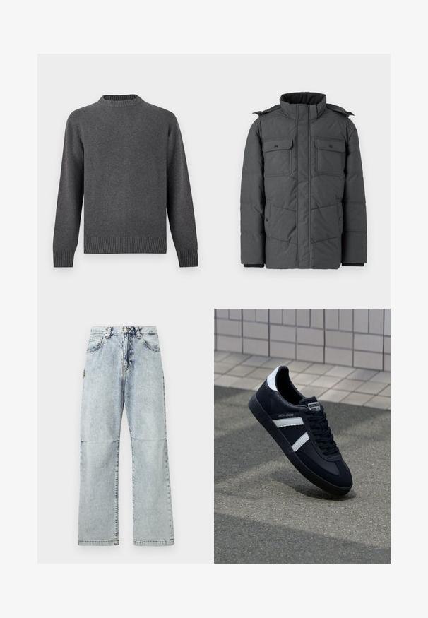 Chaqueta acolchada de color gris oscuro con un cuello alto, dos bolsillos en el pecho y dos bolsillos laterales. Cuenta con un cierre de cremallera y botones a presión. Textura suave.; Suéter de punto gris con cuello redondo, mangas largas y puños y dobladillo acanalados. Textura suave con un acabado liso. Diseño sencillo y moderno.; Pantalones de mezclilla de color azul claro con un corte relajado, textura desgastada, cinco bolsillos y cierre de botón en la cinturilla. Costuras planas y piernas anchas.; Zapatilla de cuero negra con rayas blancas, suela de goma texturizada y parte frontal con cordones. Cuenta con una etiqueta de marca en la lengüeta.
