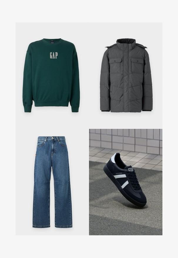 Mørkegrå polstret jakke med høj krave, to brystlommer og to sidelommer. Har lynlås og trykknaplukning. Glat tekstur.; Grøn langærmet sweatshirt med ribbede manchetter og talje, med hvidt broderet "GAP" logo på brystet. Blødt stof.; Blå denim jeans med afslappet pasform, lige ben, synlige sømme og lukkes med en knap foran. Har en sidelomme med accent.; Sort lædersneaker med hvide striber, tekstureret gummisål og snørrebånd foran. Har et brandet mærke på tungen.