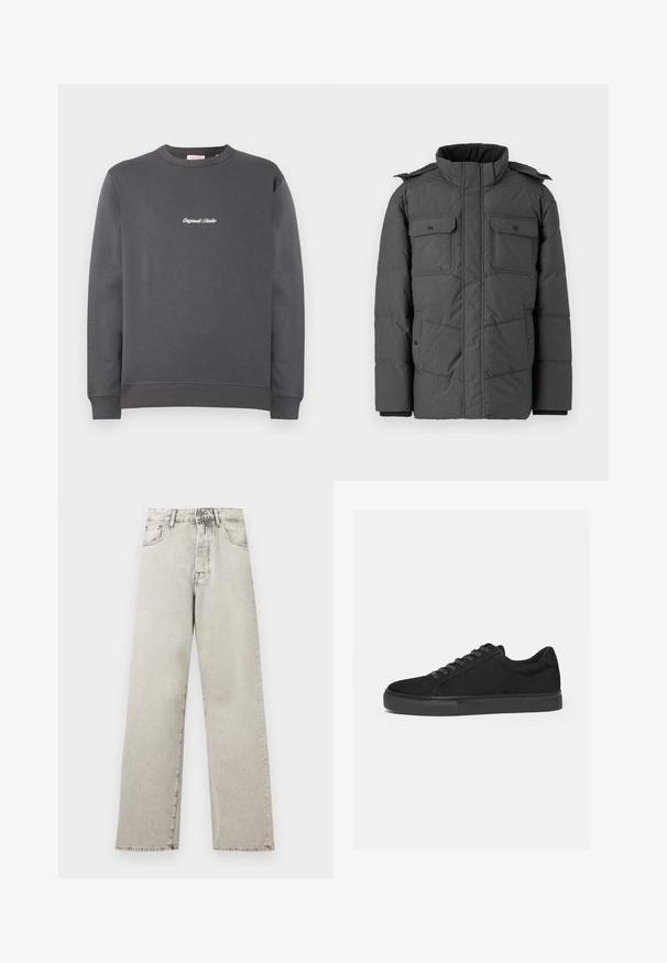 Mørkegrå polstret jakke med høj krave, to brystlommer og to sidelommer. Har lynlås og trykknaplukning. Glat tekstur.; Grå sweatshirt med rund hals og lange ærmer. Har ribbede manchetter og kant, med "Original Studio" broderet i hvidt.; Lysegrå denimjeans med høj talje, lige ben, forlommer, bæltestropper samt knap- og lynlåslukning.; Sort lavtop sneaker med snørelukning foran og flad gummisål, vist fra siden på en hvid baggrund.