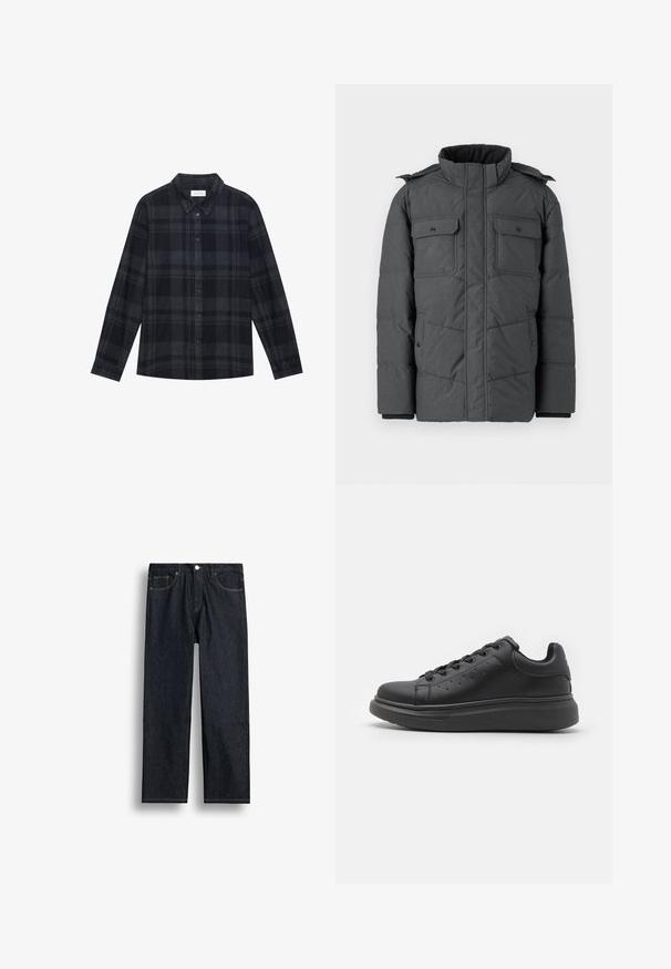 Veste rembourrée gris foncé avec un col montant, deux poches poitrine et deux poches latérales. Dispose d'une fermeture éclair et de boutons-pression. Texture lisse.; Chemise en flanelle à carreaux noirs et gris, avec un devant à boutons, des manches longues et un design de col classique.; Jean droit en denim bleu foncé avec bouton devant, fermeture éclair et design à cinq poches sur fond blanc.; Jack & Jones Trainers Trainers - Baskets basses - black