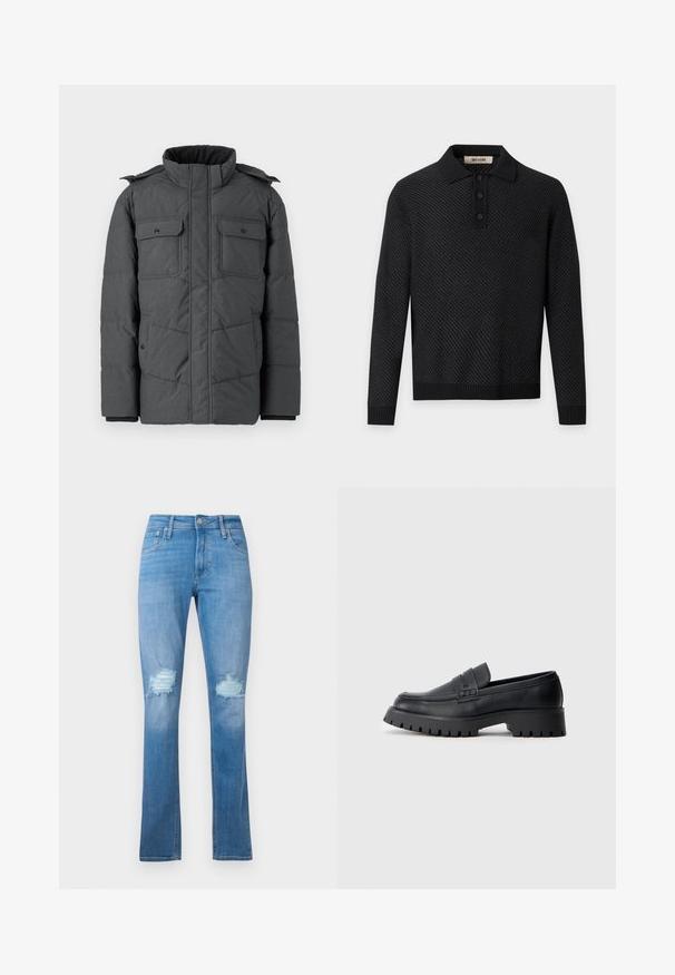 Dunkelgraue, gepolsterte Jacke mit hohem Kragen, zwei Brusttaschen und zwei Seitentaschen. Verfügt über einen Reißverschluss und einen Druckknopfverschluss. Glatte Textur.; Schwarzes langärmliges Poloshirt mit strukturiertem Muster, gerippten Bündchen und Saum sowie einer Dreiknopfblende auf hellgrauem Hintergrund.; Helle blaue Denim-Jeans mit geradem Bein, featuring eine aufgerissene Kniepartie mit fransigen Kanten und klassischem Fünf-Taschen-Design.; Schwarze Leder-Loafer mit abgerundeter Schuhspitze, ausgestattet mit einem dekorativen Riemen und einer robusten Gummisohle mit tiefem Profil für besseren Halt.