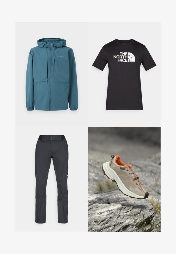 Blå Columbia-jakke med hætte, fuld lynlås foran, elastiske manchetter og flere forlommer på hvid baggrund.; Sort T-shirt med korte ærmer lavet af bomuld, med et fremtrædende hvidt logo af "THE NORTH FACE" over brystet.; Berghaus RIDGE ROAMER - Outdoorbukser - black; Beige og orange vandresko med tyk sål, GORE-TEX-mærke og "TERREX"-branding, vist over klippefyldt terræn.