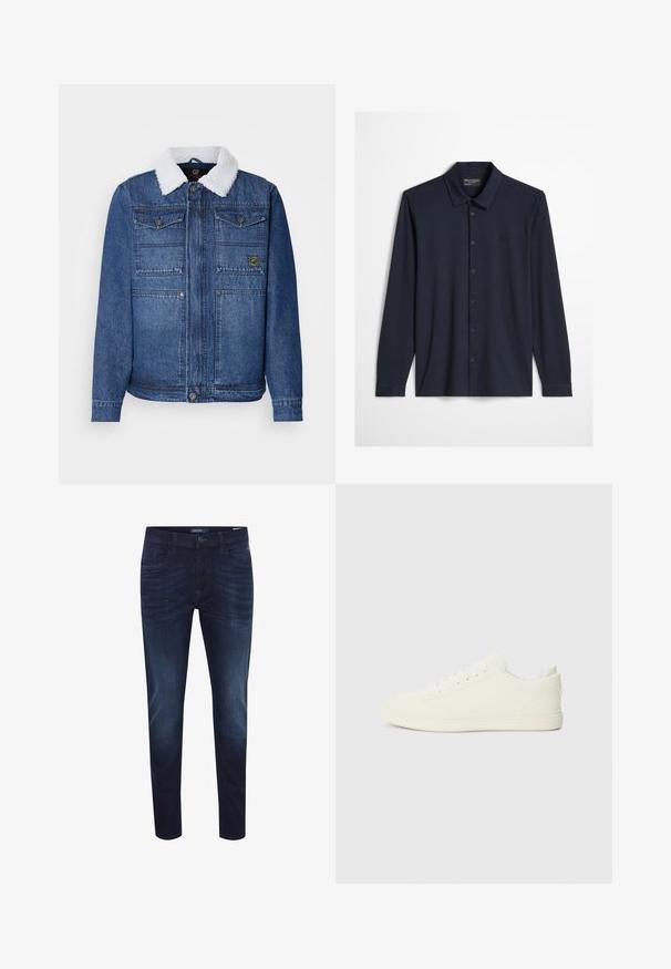 Veste en denim bleu foncé avec un col en fausse fourrure blanche. Comprend deux poches poitrine, une fermeture à boutons et une coupe légèrement ajustée.; Chemise bleu marine foncé à manches longues avec col et logo brodé discret sur la poitrine gauche sur un fond clair.; Jeans en denim bleu foncé avec une coupe slim, design à cinq poches, un léger effet délavé, fermeture à bouton et étiquette logo sur la taille arrière.; Baskets blanches avec une tige à texture lisse, bout arrondi et laçage traditionnel, arborant un design minimaliste et une semelle en caoutchouc.