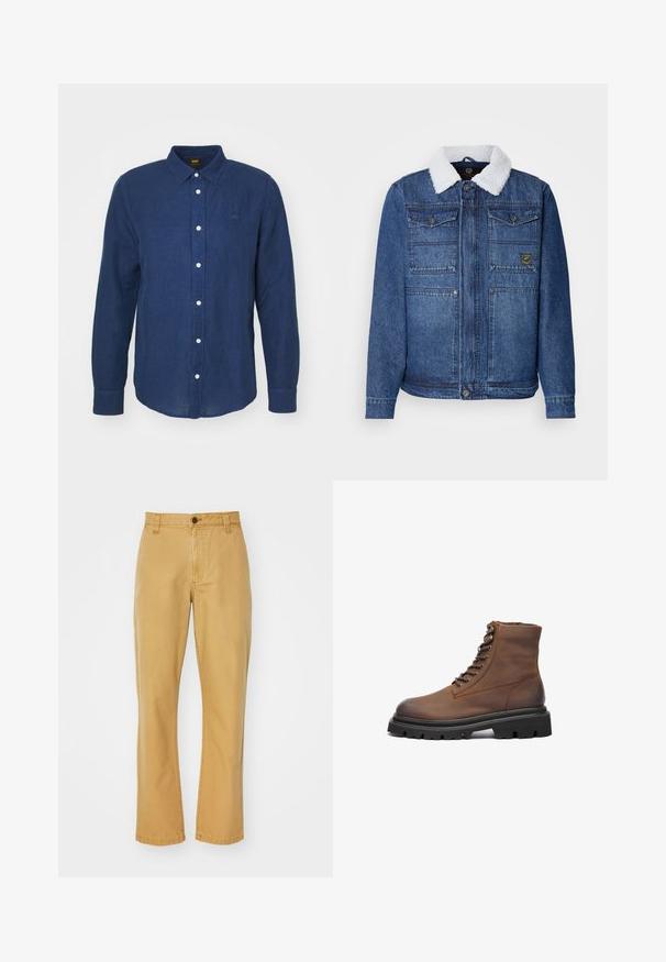 Veste en denim bleu foncé avec un col en fausse fourrure blanche. Comprend deux poches poitrine, une fermeture à boutons et une coupe légèrement ajustée.; Chemise à manches longues bleu foncé avec un col boutonné, boutons blancs et un logo brodé discret sur la poitrine. Texture douce, coupe droite.; Chinos en coton beiges à coupe droite, avec une fermeture à bouton, des passants de ceinture et des détails cousus à l'ourlet.; Botte chelsea en cuir brun avec un bout arrondi, des lacets à l'avant, des œillets en métal et une semelle en caoutchouc noir épaisse avec un motif de traction.