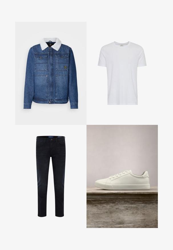 Veste en denim bleu foncé avec un col en fausse fourrure blanche. Comprend deux poches poitrine, une fermeture à boutons et une coupe légèrement ajustée.; T-shirt blanc uni à manches courtes et col rond, présenté sur fond blanc, avec une petite étiquette au col indiquant la marque « Solid ».; Jean denim bleu foncé avec une coupe ajustée, coutures visibles, design standard à cinq poches et une fermeture par bouton à la taille.; Sneaker en dentelle blanche flottant au-dessus d'un banc en bois avec un feuillage vert en arrière-plan, mettant en valeur le design et la texture de la chaussure.