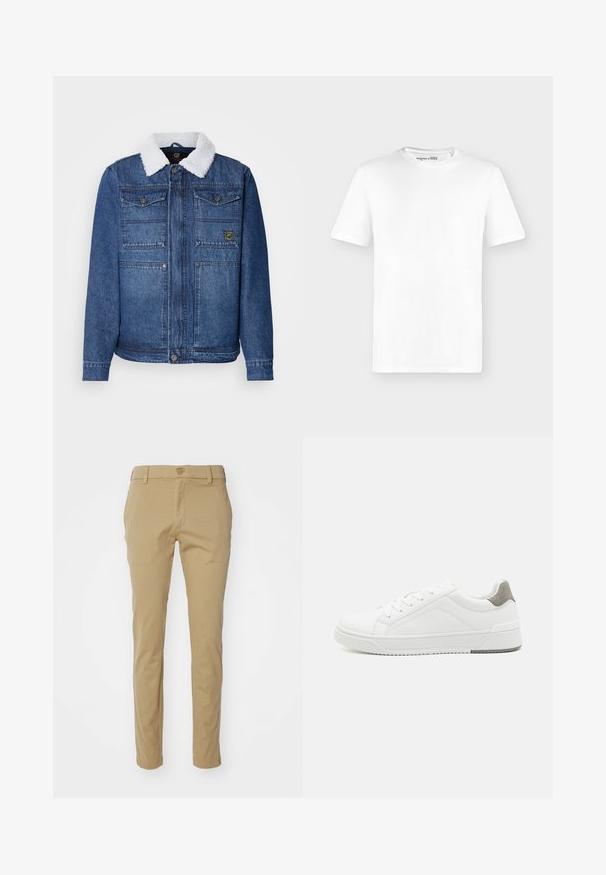 Veste en denim bleu foncé avec un col en fausse fourrure blanche. Comprend deux poches poitrine, une fermeture à boutons et une coupe légèrement ajustée.; T-shirt blanc uni à manches courtes avec col rond, présenté de face sur un fond gris clair, sans logos visibles.; Pantalons kaki en coton léger, avec une coupe ajustée, une texture lisse et une taille standard avec une fermeture à bouton supérieur.; Basket blanche en cuir lisse, à bout arrondi, design minimaliste, accent de talon gris et semelle en caoutchouc texturé.
