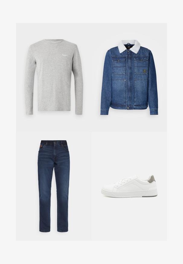Veste en denim bleu foncé avec un col en fausse fourrure blanche. Comprend deux poches poitrine, une fermeture à boutons et une coupe légèrement ajustée.; T-shirt gris clair à manches longues avec col rond et petit logo blanc "Pepe Jeans London" sur le côté gauche de la poitrine.; Jean en denim bleu foncé avec une coupe droite, style classique à cinq poches et fermeture éclair. Présente un léger délavage et un patch en cuir avec logo.; Basket blanche en cuir lisse, à bout arrondi, design minimaliste, accent de talon gris et semelle en caoutchouc texturé.