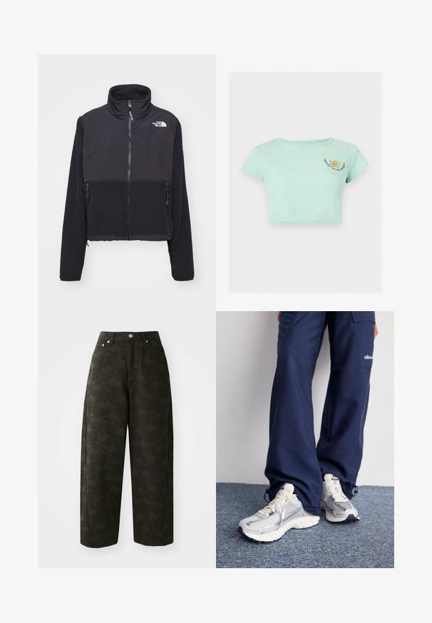 Veste polaire noire avec un col haut, fermeture éclair à l'avant et deux poches latérales. Présente un tissu lisse contrasté en haut et un polaire texturé en bas.; T-shirt court côtelé vert menthe avec manches courtes et un petit graphique de soleil jaune avec texte sur le haut gauche de la poitrine.; Un pantalon large vert foncé présente un motif floral texturé, un design à cinq poches et des fermetures à bouton en métal à la taille.; Baskets de sport Nike avec une tige en maille argentée, des accents blancs et des semelles texturées, associées à un pantalon marine ample.