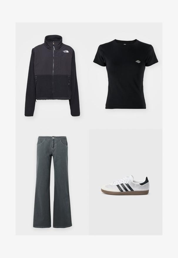 Schwarze Fleecejacke mit hohem Kragen, Reißverschluss vorne und zwei seitlichen Taschen. Sie verfügt über einen kontrastierenden glatten Stoff oben und strukturierten Fleece darunter.; Schwarzes geripptes T-Shirt mit Rundhalsausschnitt und kurzen Ärmeln, mit einem kleinen gestickten Logo auf der linken Brustseite.; Ausgestellt geschnittene graue Jeans aus Denim mit glatter Textur. Zu den Merkmalen gehören ein Knopfverschluss, Gürtelschlaufen und vordere Taschen.; Weißer Mesh-Sneaker mit schwarzen Streifen, beiger Wildleder-Kappe an der Spitze und am Absatz, strukturierter Gummisohle und weißen Schnürsenkeln. Klassisches Low-Top-Design.