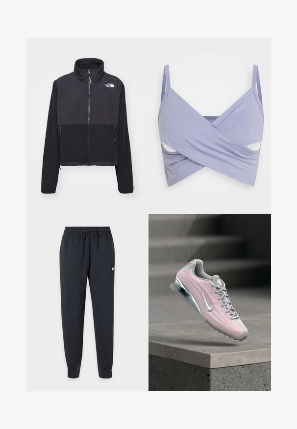Schwarze Fleecejacke mit hohem Kragen, Reißverschluss vorne und zwei seitlichen Taschen. Sie verfügt über einen kontrastierenden glatten Stoff oben und strukturierten Fleece darunter.; Even&Odd Top - lilac; Schwarze Nike Jogginghose mit elastischem Bund und Kordelzug, schmal zulaufenden Beinen, Bündchen an den Knöcheln und kleinem weißen Nike-Swoosh am rechten Oberschenkel.; Hellrosa-grauer Sportschuh mit silbernem Nike-Swoosh, schwebt über einer Betonplatte mit Treppen im Hintergrund.