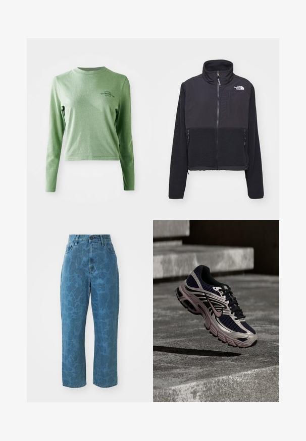 Sort fleecejakke med høj krave, lynlås foran og dobbelte sidelommer. Har et kontrastfarvet glat stof på toppen og tekstureret fleece forneden.; Lys grøn langærmet t-shirt lavet af blødt bomuld, med en rund halsudskæring og et lille trykt logo på øverste venstre side.; Lyseblå denim jeans med en subtil mønstret struktur, høj talje og lige ben. Har en frontlukning med knap og lynlås.; Nike løbesko i sort og grå med pink accenter, svævende over en betonoverflade og trin i et skyggefuldt udendørsmiljø.