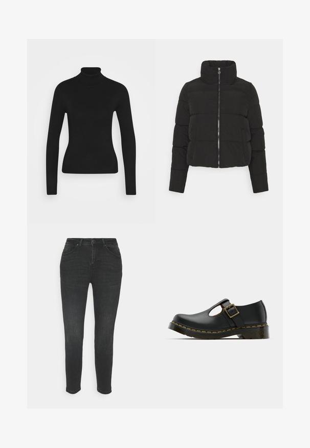 Must muströöpidega must lühike puffjakker kõrge kaeluse ja lukuga esiosaga, mis lisab tekstuuri. Omab siledat, mati kangast ja küljetaskuid.; Mustmustik turtleneck sviiter pika varrukaga, valmistatud siledast kudumisest. Omab kitsast disaini ja soonikkoes kraed.; Mustad mustad teksad, millel on sile denimtekstuur, viie taskuga disain, vöörõngad ja eesmine nupulukk.; Must mustad jalan выполненный черным кожу с округлым носком, застежкой на щиколотке и пряжкой, низким каблуком и желтой строчкой по периметру подошвы. Гладкая текстура по всей поверхности.
