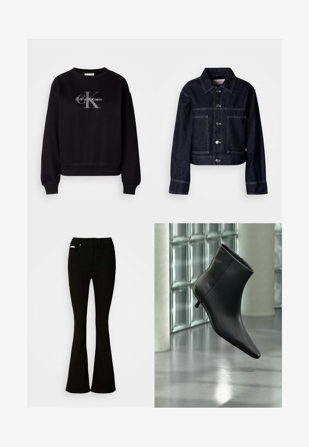 Dunkle Jeansjacke mit kurzem Schnitt, ausgestattet mit Knopfleiste, spitzem Kragen, zwei Fronttaschen und kontrastierenden weißen Nähten.; Schwarzer Sweatshirt aus Baumwolle, mit Rundhalsausschnitt und lockerer Passform. Auf der Vorderseite befindet sich ein großes graues Logo mit "Calvin Klein" und "CK".; Schwarze Schlagjeans mit einer taillierten Passform, aus weichem Denim gefertigt. Mit zwei Vorderaschen und einem klassischen Knopf- und Reißverschluss ausgestattet.; Schwarzer Leder-Stiefelette mit spitzer Zehenpartie und niedrigem Kitten-Heel, schräg dargestellt vor einem polierten Boden und einer Glasbausteinwand.