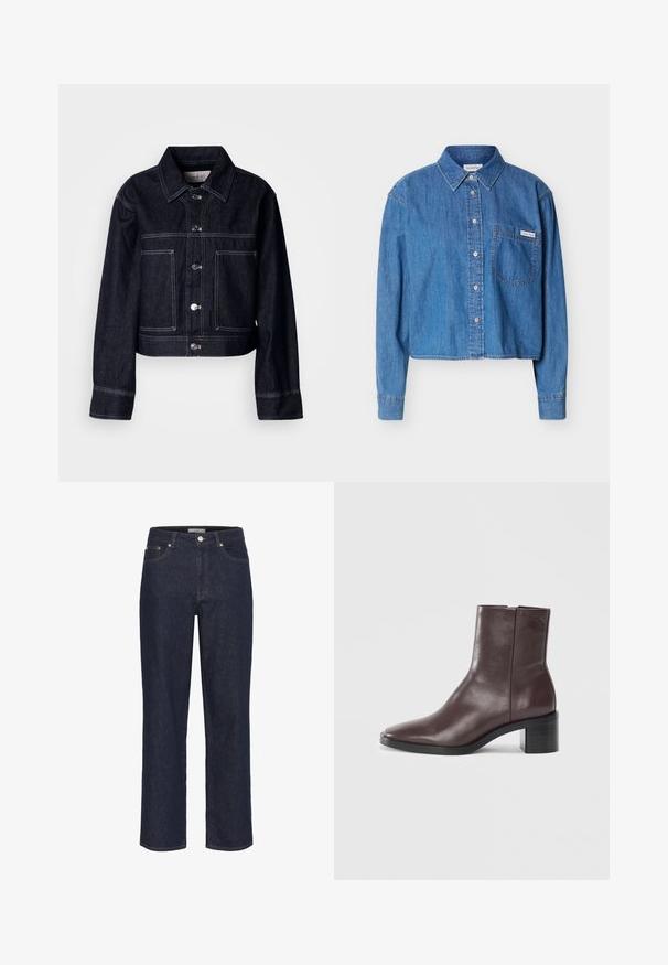 Veste en denim foncé au design court, comportant une fermeture à boutons, un col pointu, deux poches avant et des surpiqûres blanches contrastantes.; Chemise à manches longues en denim bleu, boutonnée, avec col et poche poitrine ornée d'une petite étiquette logo Calvin Klein.; Gestuz SUMMER WIDE - Wide Leg - unwashed denim; Bottine en cuir marron foncé avec un orteil carré, un talon bloc et un logo embossé subtil près du haut sur fond blanc uni.