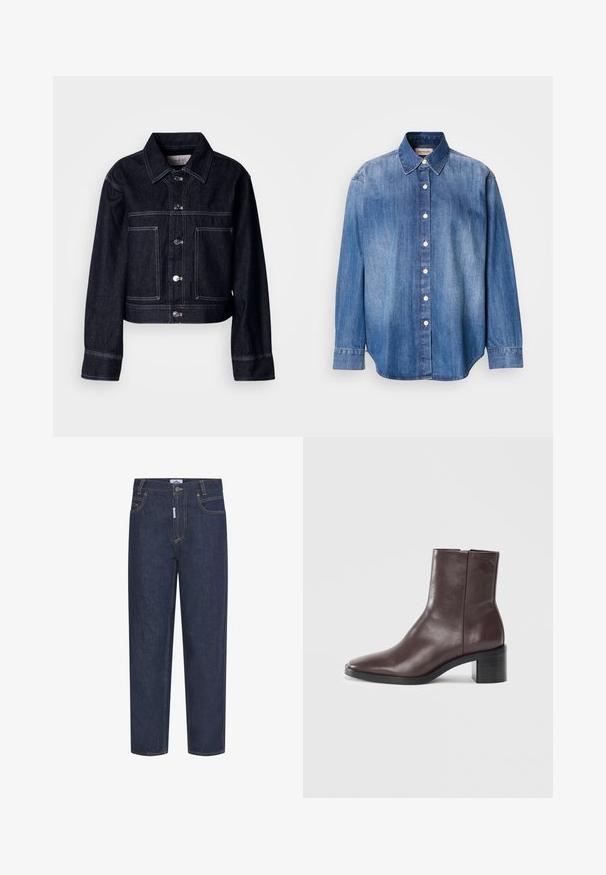 Chaqueta de denim oscuro con diseño cropped, que presenta cierre frontal con botones, cuello puntiagudo, dos bolsillos delanteros y costuras en contraste blanco.; Camisa de mezclilla abotonada, color azul claro, de mangas largas, con cuello clásico, botones en la parte delantera y dobladillo ligeramente curvado. Textura suave.; Jeans de mezclilla azul oscuro con corte recto, con costuras naranjas, bolsillos frontales y cierre de botón. Tejido duradero con una textura suave.; Botín de cuero marrón oscuro, con punta cuadrada, tacón bloque y logotipo sutilmente grabado cerca de la parte superior, sobre un fondo blanco liso.