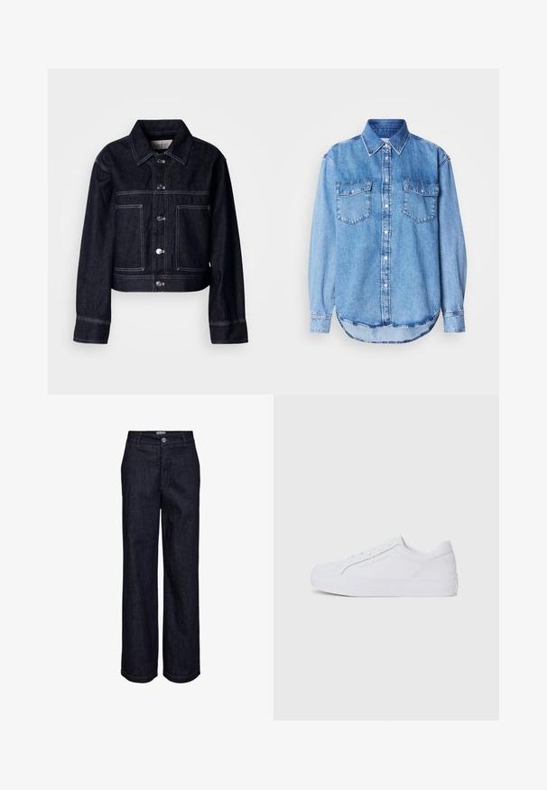 Dunkle Jeansjacke mit kurzem Schnitt, ausgestattet mit Knopfleiste, spitzem Kragen, zwei Fronttaschen und kontrastierenden weißen Nähten.; Jeanshemd in Hellblau mit klassischem Kragen, durchgehender Knopfleiste, zwei Brusttaschen und rundem Saum mit Ziernähten.; Dunkelblaue Denim-Jeans mit geradem Bein, Knopf- und Reißverschluss, Gürtelschlaufen und sichtbaren Nahtdetails.; Tommy Hilfiger TH PLATFORM - Sneaker low - white