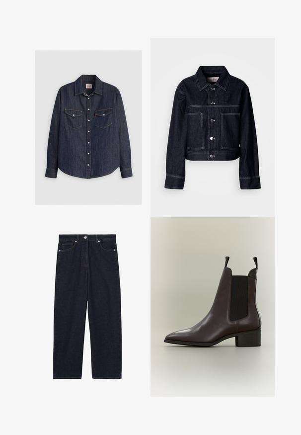 Dunkle Jeansjacke mit kurzem Schnitt, ausgestattet mit Knopfleiste, spitzem Kragen, zwei Fronttaschen und kontrastierenden weißen Nähten.; Dunkelblaues Denim-Hemd mit langen Ärmeln, knöpfbarem Frontverschluss, zwei Brusttaschen mit Klappen und kontrastierendem gelben Stich.; Dunkelblaue Straight-Leg-Denim-Jeans mit Knopf- und Reißverschluss vorne sowie Fünf-Taschen-Design.; Dunkelbrauner Leder-Knöchelstiefel mit schwarzen elastischen Seitenteilen, Zuglaschen vorne und hinten und niedrigem Blockabsatz.
