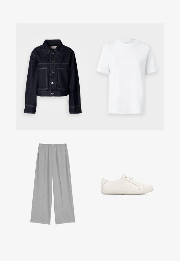 Mørk denimjakke med kort design, der har knaplukning foran, spids krave, to forlommer og kontrastfulde hvide syninger.; Hvid bomulds T-shirt med rund hals, kortærmet og en glat tekstur. Designet med en afslappet pasform for komfort og alsidighed.; Lys grå bredbenede bukser med en plisseret front, der har en glat tekstur og en diskret sidelukning med lynlås.; Hvide sneakers med en tekstureret finish, snørelukning, rundet tå og branding på siden. Indeholder diskrete syninger og en gummisål.