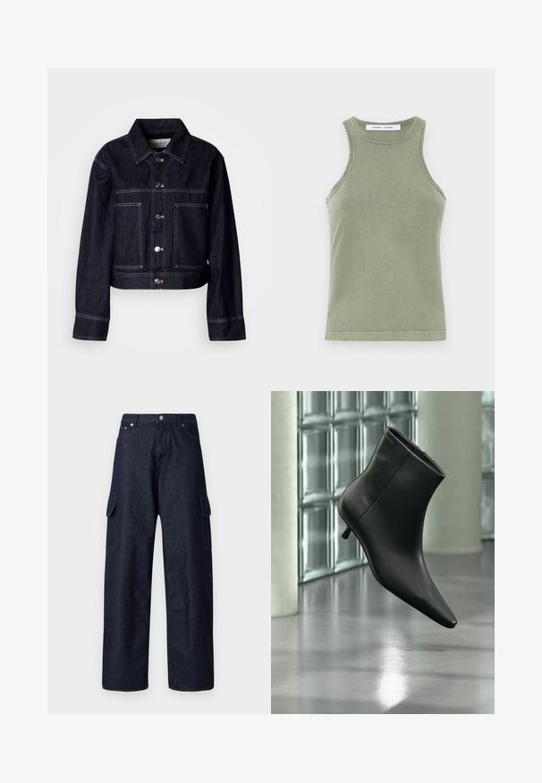 Veste en denim foncé au design court, comportant une fermeture à boutons, un col pointu, deux poches avant et des surpiqûres blanches contrastantes.; Débardeur vert olive en coton doux, avec un col rond, sans manches et des bords cousus. Forme simple et ajustée.; Pantalons cargo en denim sombre à jambes larges, dotés de deux poches latérales, d'une fermeture à bouton et d'une texture de tissu durable.; Bottine en cuir noir à bout pointu et petit talon kitten, présentée en angle devant un sol poli et un mur en blocs de verre.