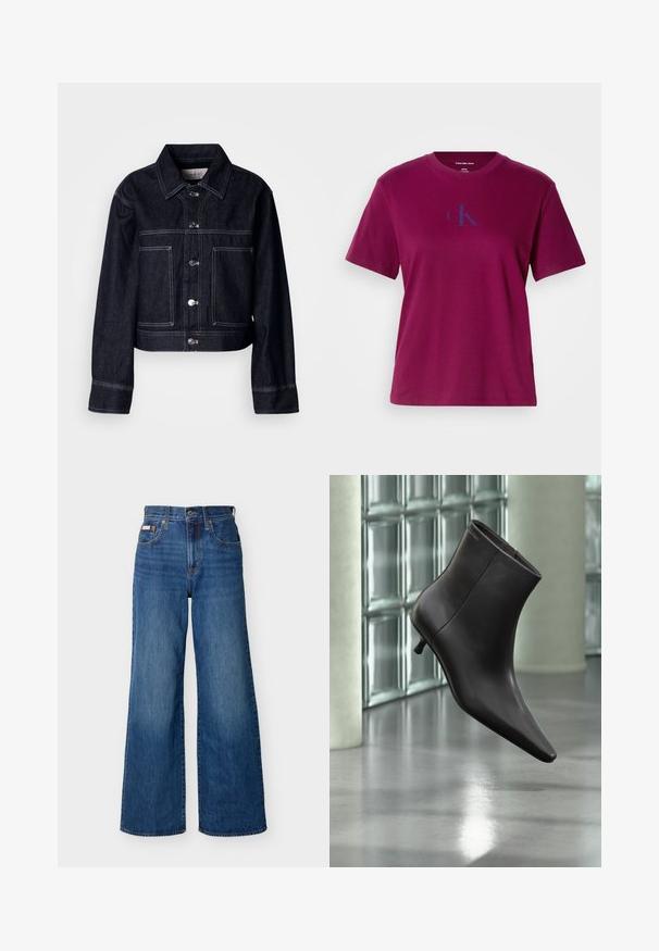 Veste en denim foncé au design court, comportant une fermeture à boutons, un col pointu, deux poches avant et des surpiqûres blanches contrastantes.; T-shirt en coton magenta avec un col rond, des manches courtes et un logo bleu sur la poitrine. Présente une coupe décontractée et une texture lisse.; Jeans en denim bleu à jambes larges avec taille haute, bouton frontal, fermeture éclair et design à cinq poches sur un fond uni.; Bottine en cuir noir avec bout pointu et petit talon, présentée devant un mur en blocs de verre et un sol poli.