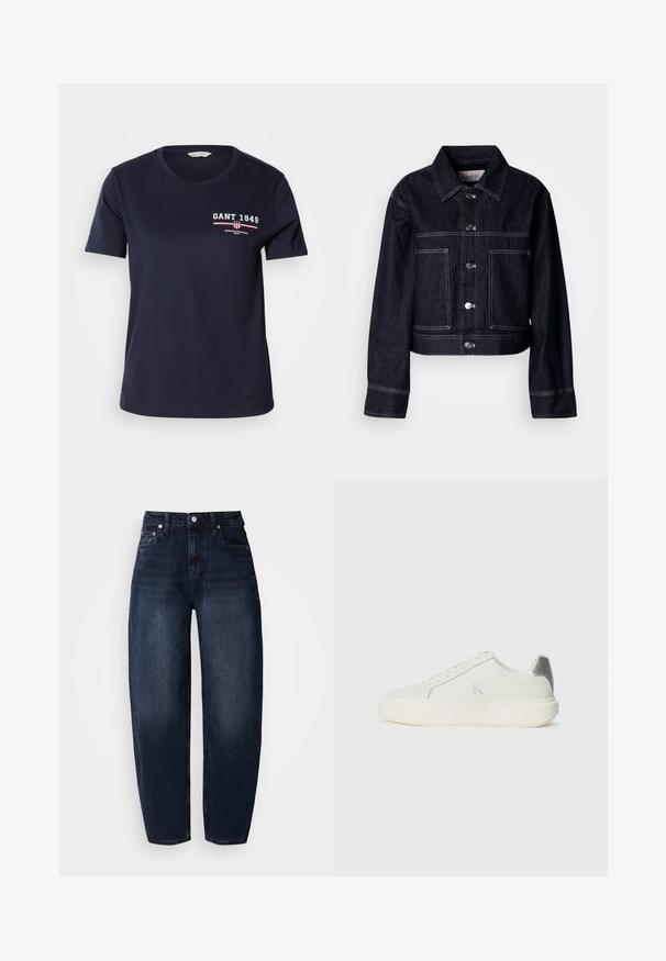 Donkere spijkerjasje met een cropped ontwerp, voorzien van een knoopsluiting aan de voorkant, een puntige kraag, twee voorzakken en contrasterende witte stiknaden.; Donkerblauwe katoenen T-shirt met V-hals, korte mouwen, met witte en rode logotekst "GANT 1949" en designelementen op de linkerkant van de borst.; Donkerblauwe denim jeans met een ontspannen pasvorm, voorzien van een hoge taille, rechte pijpen en klassiek ontwerp met vijf zakken.; Witte sneaker van leer met een gladde textuur, featuring een zilveren accent op de hiel, een platte zool en een minimalistisch ontwerp.