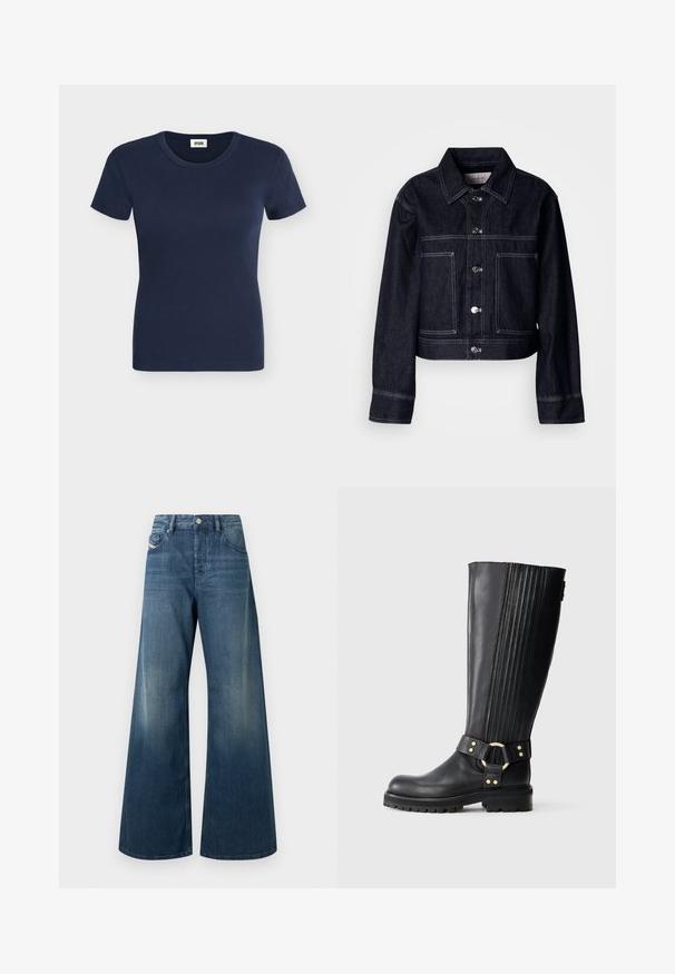 Mørk denimjakke med kort design, der har knaplukning foran, spids krave, to forlommer og kontrastfulde hvide syninger.; Mørkeblå kortærmet ribstrikket bomulds T-shirt med rund halsudskæring og tætsiddende pasform.; Vidbenede jeans i mørkeblå denim med en falmet finish, traditionelt design med fem lommer og en metal knaplukning i taljen.; Sort knælange læderstøvler med elastisk ribbing, klodsål og dekorativ rem med guldfarvet metalring og nitter.