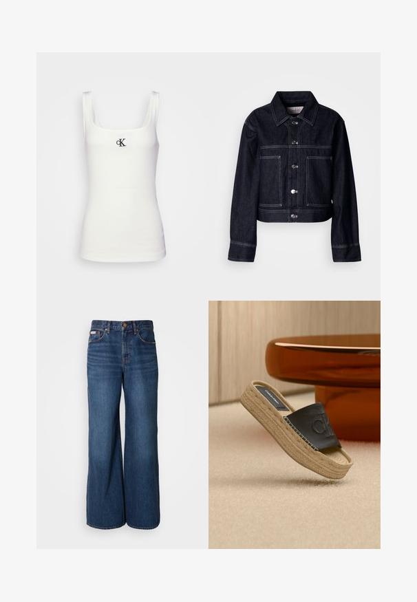 Mørk denimjakke med kort design, der har knaplukning foran, spids krave, to forlommer og kontrastfulde hvide syninger.; Hvid bomulds tanktop med firkantet udskæring og smalle stropper. Har et lille sort broderet CK-logo på forsiden.; Bredde jeans lavet af mørkeblåt denim. Funktioner inkluderer en høj talje, fem lommer og kontrasterende orange syninger langs sømmene.; Beige platformsandal med vævet sål og sort overdel i læder prydet med "CK"-logo, placeret nær et brunt rundt bord.