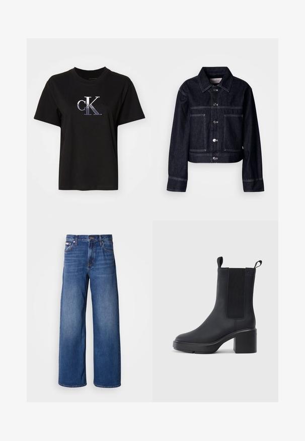 Mørk denimjakke med kort design, der har knaplukning foran, spids krave, to forlommer og kontrastfulde hvide syninger.; Sort bomulds T-shirt med rund hals. Har et sølv broderet "cK" logo og teksten "Calvin Klein Jeans" under logoet. Korte ærmer.; Bredde denim jeans i mørkeblå med høj talje, fem lommer og subtil falmning langs fronten for ekstra tekstur og detaljer.; Sorte ankelstøvler i glat gummimateriale, med elastiske sidepaneler, blokhæle og trækskilt øverst for nem påtagning.