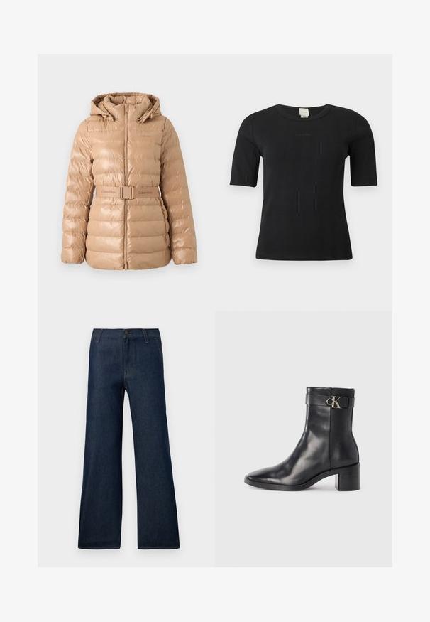 Beige pufferjack met een capuchon, met een geborduurd ontwerp en een ceintuur in de taille. Gemaakt van glanzend materiaal met een ritssluiting en een logo-accent.; Zwart geribd Calvin Klein topje met korte mouwen, een ronde halslijn en een subtiel geborduurd logo op de borst, op een effen achtergrond.; Donkerblauwe wijdvallende jeans gemaakt van denim, met een klassieke vijf-pocket design, knoopsluiting en subtiele stikdetails.; Zwarte leren enkellaars met een spitse neus, blokhak en een bandje met een metallic logo. Gladde textuur en minimalistisch ontwerp.