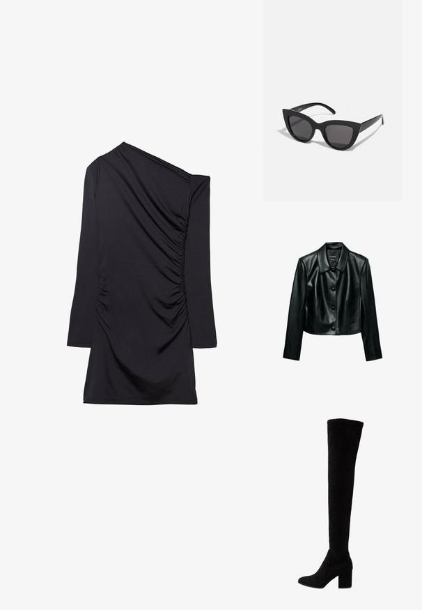 Veste courte en similicuir noir avec col pointu, manches longues et quatre gros boutons sur le devant au centre.; Robe noire avec un design une épaule, manches longues et texture froncée sur le côté. Fabriquée en tissu doux et extensible.; Bottes noires au-dessus du genou en daim doux, avec un talon haut épais et un design épuré et ajusté avec un bout rond.; Lunettes de soleil noires en forme d'œil de chat avec une finition mate, dotées de verres teintés gris, d'angles aigus et de branches élégantes. Nom de la marque visible sur la branche intérieure.